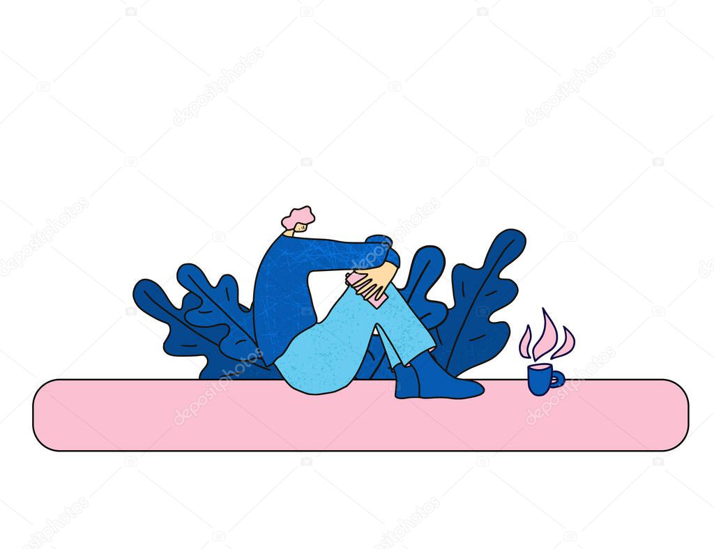 Young man sitting on the floor with smartphone in his hand. Jealous male character waiting a phone call. Stressed teenage boy with bad mood. Vector illustration.