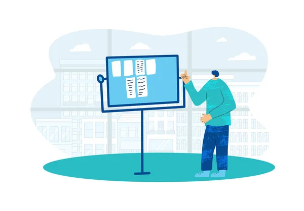 Jongeman Wijzend Flipchart Presentatie Uitleg Diagram Notities Kantoormedewerker Meldt Zich — Stockvector