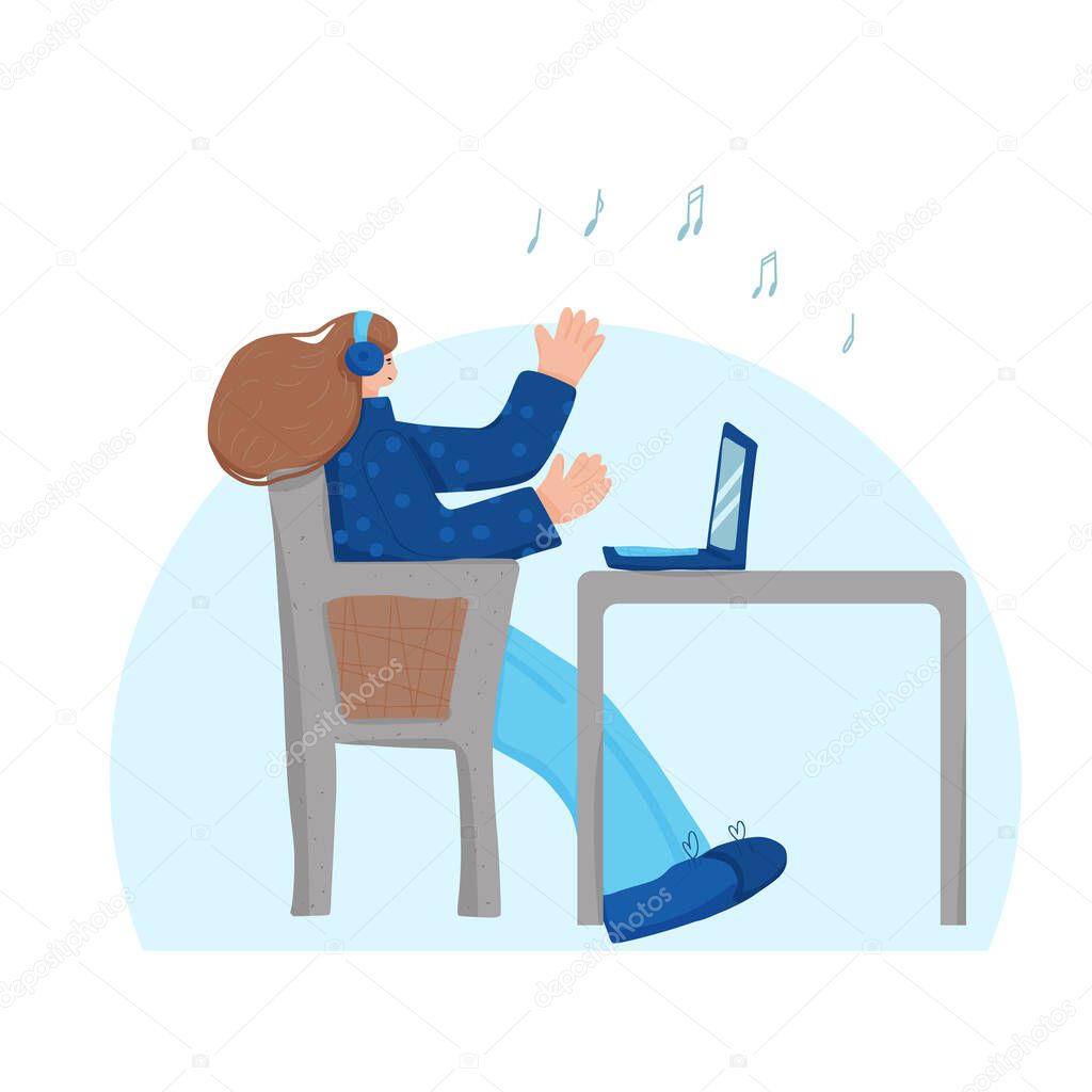 Brunette woman sitting at the table in headphones. Female character using her laptop for online interactive communication. Girl wearing in casual clothes working with computer. Vector illustration. 