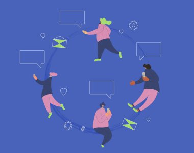 Sosyal medya sembolleriyle çevrili bir mesajda telefonlarını kullanan kadın karakterler. Akıllı telefonlarıyla sohbet eden gençler. Kadınlar gazete okuyor ve blogları etkiliyor. Vektör illüstrasyonu