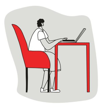 Orta yaşlı biri dizüstü bilgisayarda oturuyor ve çalışıyor. Serbest çalışan kadınlar işlerini kendi odalarında yapıyorlar. Son sınıf öğrencisi internette geziniyor. Vektör düz resimleme.