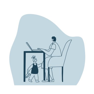 Genç anne evde çocuğuyla oturup bilgisayar başında çalışıyor. Freelancer kızı ile birlikte masa altından işini yapıyor. Küçük kızı olan bir kadın. Anne ve çocuk yaşam tarzı. Vektör illüstrasyonu.