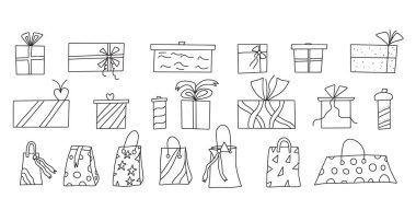 Hediye kutuları beyaz arkaplanda izole edildi. Gifware koleksiyonu. Tatil sembolleri sunar. Vektör illüstrasyonu.