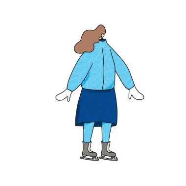 Buz patencisi. Sıcak kış kıyafetleri giymiş esmer bir kadın buz pistinde paten kayıyor. Beyaz arka planda izole edilmiş bir kız. Vektör illüstrasyonu.