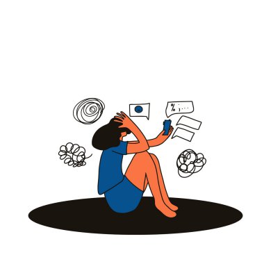 Dijital bilgi yüklemesi. Yerde cep telefonuyla oturan ve siber zorbalıktan muzdarip genç bir kız. Kısa mesajlar okuyan ve çok fazla sosyal medya bilgisi alan bir kız.. 