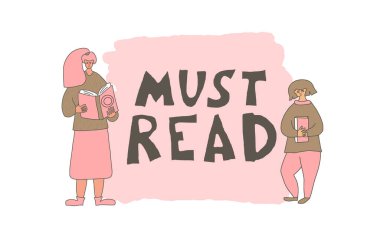 Amblemi okumalıyım. Elle çizilmiş metni olan iki kitap sever karakter. Popüler edebiyat sayfalarını karıştıran kadınlar. En çok satanlar listesinin başındaki kızlar. Vektör illüstrasyonu.