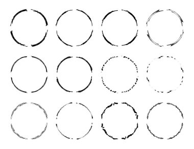 Siyah yuvarlak grunge çerçeveler seti. Geometrik boş sınır koleksiyonu. Vektör illüstrasyonu.