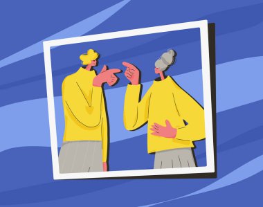 Conflict. Pair during argument. Quarrel concept. Bad relationship between friends or family members. Two mates pointing fingers at each other. Vector flat color illustration. clipart