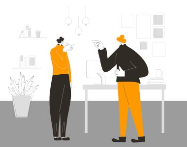 İş çatışması. Tartışma sırasında bir çift iş arkadaşı. Tartışma konsepti. Takım arkadaşları ve meslektaşlar arasında kötü bir ilişki. Vektör düz renk illüstrasyonu.