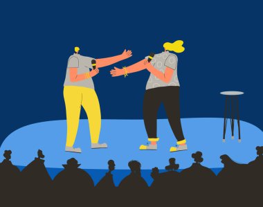 Stand-up gösterisi. Sahnede düet komedi gösterisi. Komedyenler. Vektör düz karakterler çizimi.