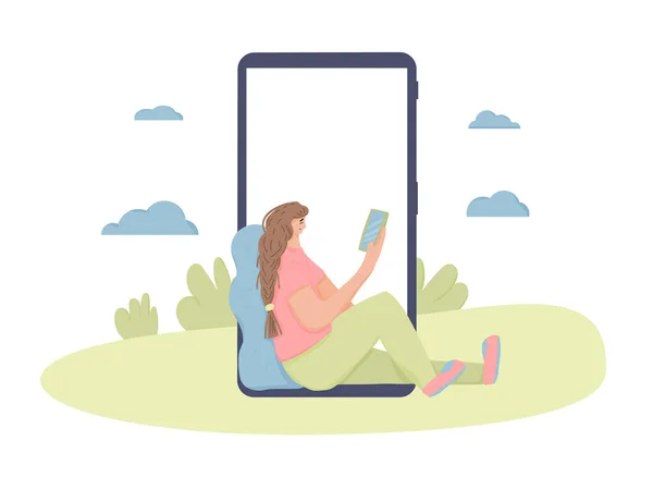 Étudiante Assise Utilisant Son Téléphone Fille Avec Une Longue Tresse — Image vectorielle