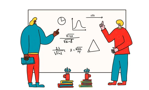 Wissenschaftler Erklären Einander Diagramm Theorem Und Notizen Zwei Forscher Diskutieren — Stockvektor