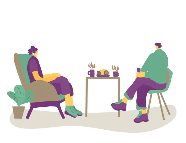 Συνάντηση Φίλων Δύο Τσάρτερ Πίνουν Τσάι Μαζί Άνδρες Και Γυναίκες — Διανυσματικό Αρχείο