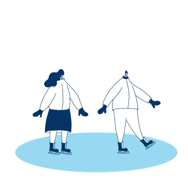 Des Patineurs Deux Personnes Vêtues Vêtements Hiver Chauds Patinant Sur — Image vectorielle