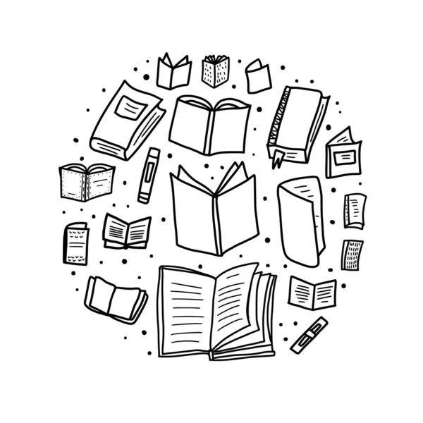 Βιβλία Έμβλημα Στυλ Doodle Στρογγυλό Σήμα Σύμβολα Ανάγνωσης Σύνθεση Κύκλου — Διανυσματικό Αρχείο