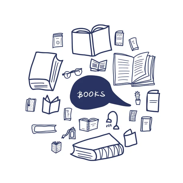 Bücher Doodle Stil Rundes Emblem Mit Lesezeichen Kreiskomposition Mit Lern — Stockvektor