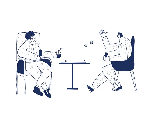 ボードゲームのコンセプト 椅子に座ってテーブルゲームをしている大人の人 ゆったりとした服を着た友達が家で一緒に時間を過ごす 夫婦は自由な時間を楽しんでいる ベクトル平図 — ストックベクタ