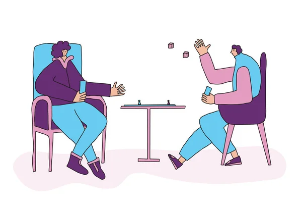 ボードゲームのコンセプト 椅子に座ってテーブルゲームをしている大人の人 ゆったりとした服を着た友達が家で一緒に時間を過ごす 夫婦は自由な時間を楽しんでいる ベクターイラスト — ストックベクタ