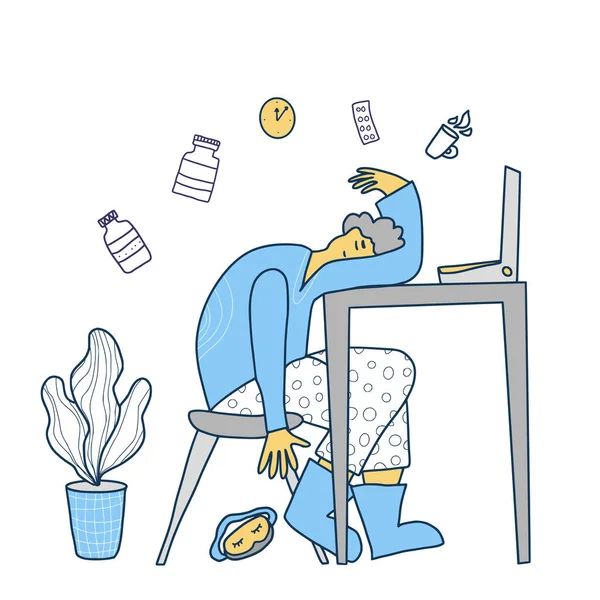 Concepto Insomnio Persona Sentada Mesa Durmiendo Carácter Agotado Ilustración Color — Vector de stock