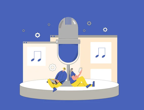 Muziekdienst Twee Vrienden Die Liedjes Beluisteren Diensten Webplayer Mobiele Apps — Stockvector