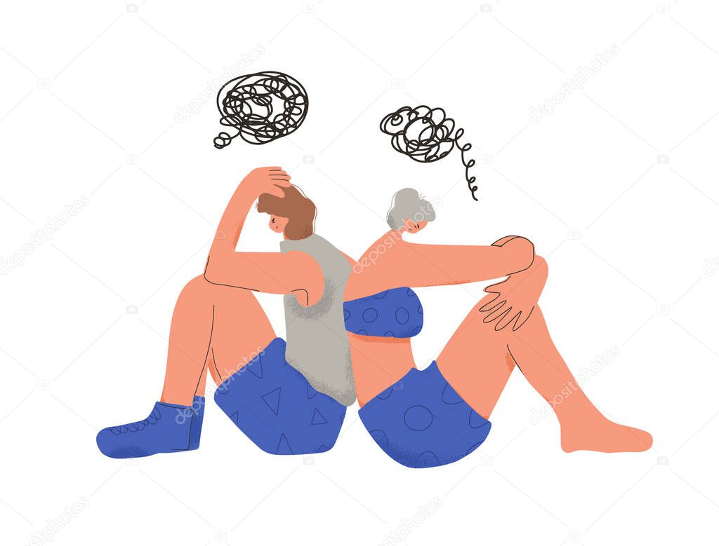 Characters siting on the floor back to back. Pairs during conflict. Bad relationship. Young persons are at variance. Couple with bad mood because they had a fight. Family quarrel. Vector illustration.