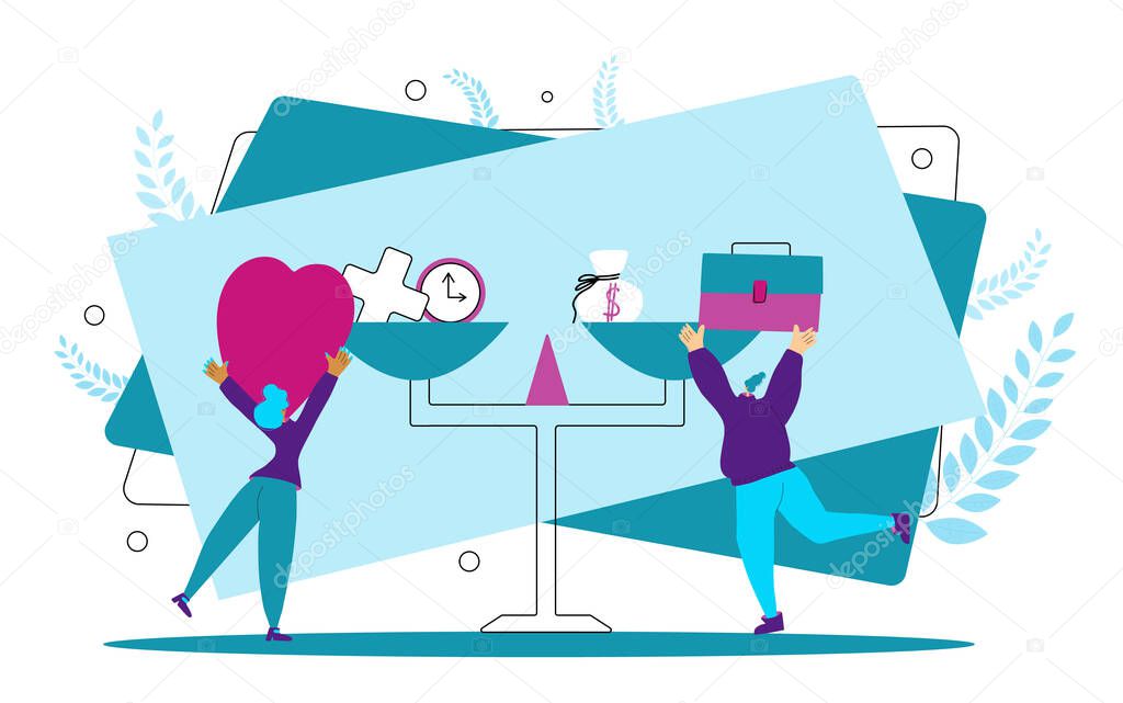 Work life balance. Two young women putting on the scale work and love symbols. Tiny girls try to choose between career and money versus love and time, leisure or business. Vector illustration.
