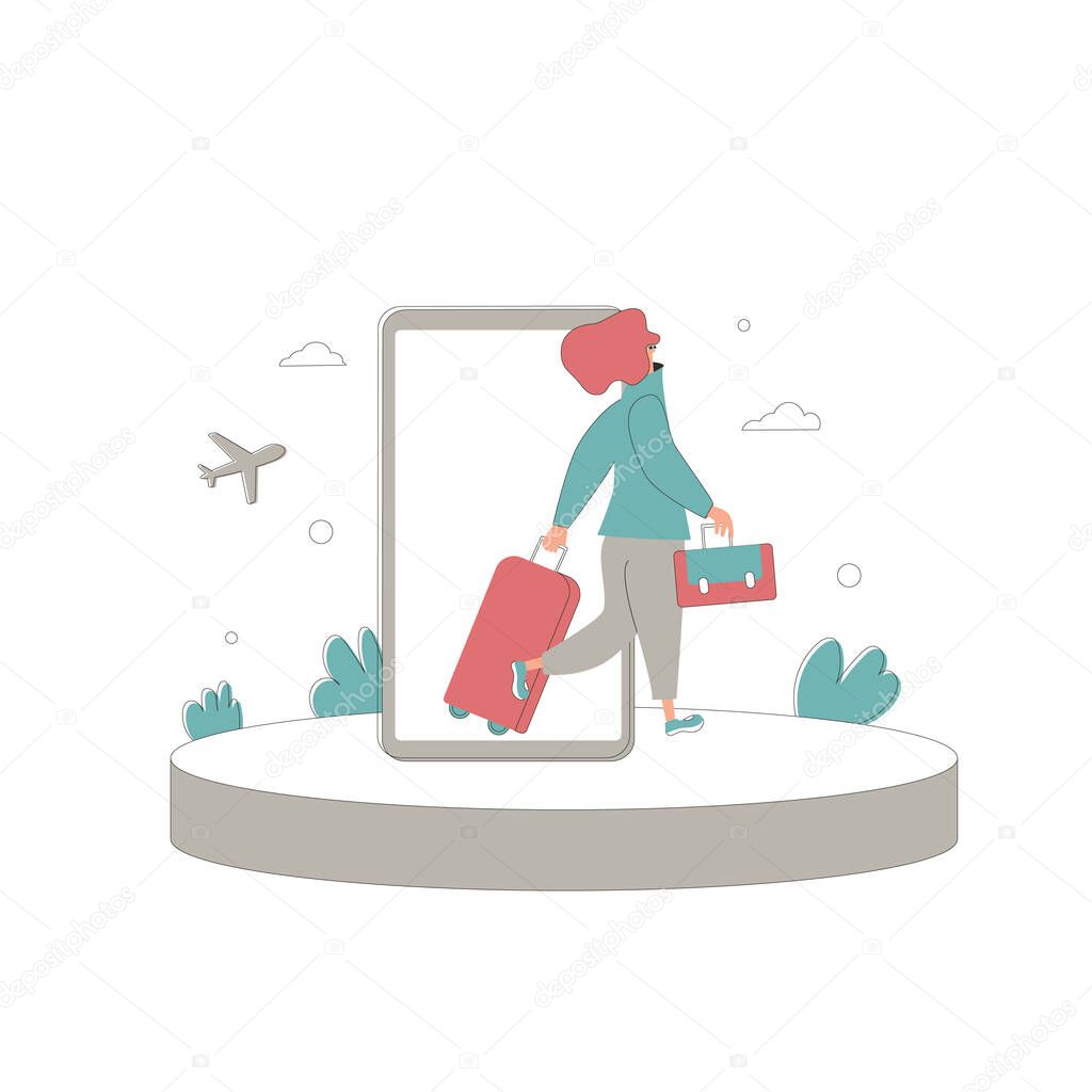 Online flight ticket booking. Female traveler going to her flight with luggage. Vector flat person with suitecase.