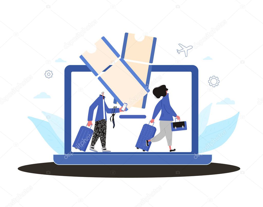 Online flight ticket booking. Male and female travelers going to his flight with luggage. Book your flight servise app. Vector persons with suitecase.