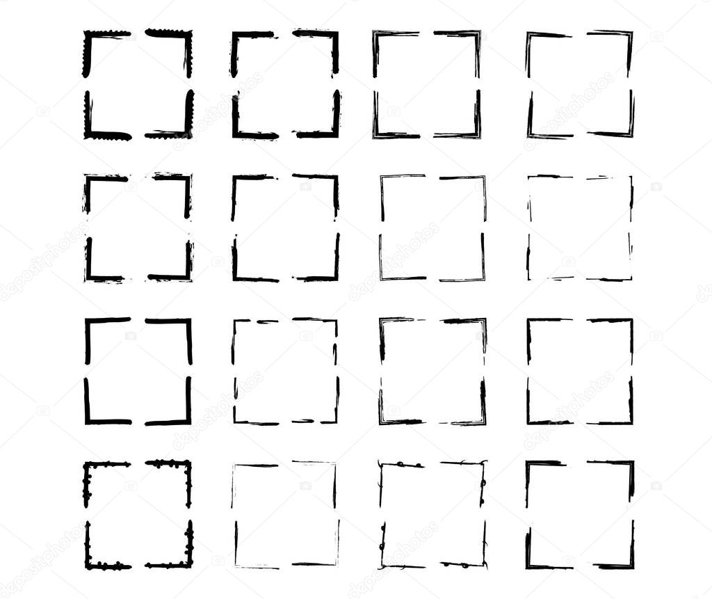 Set of black square grunge frames. Geometric empty borders collection. Vector illustration.