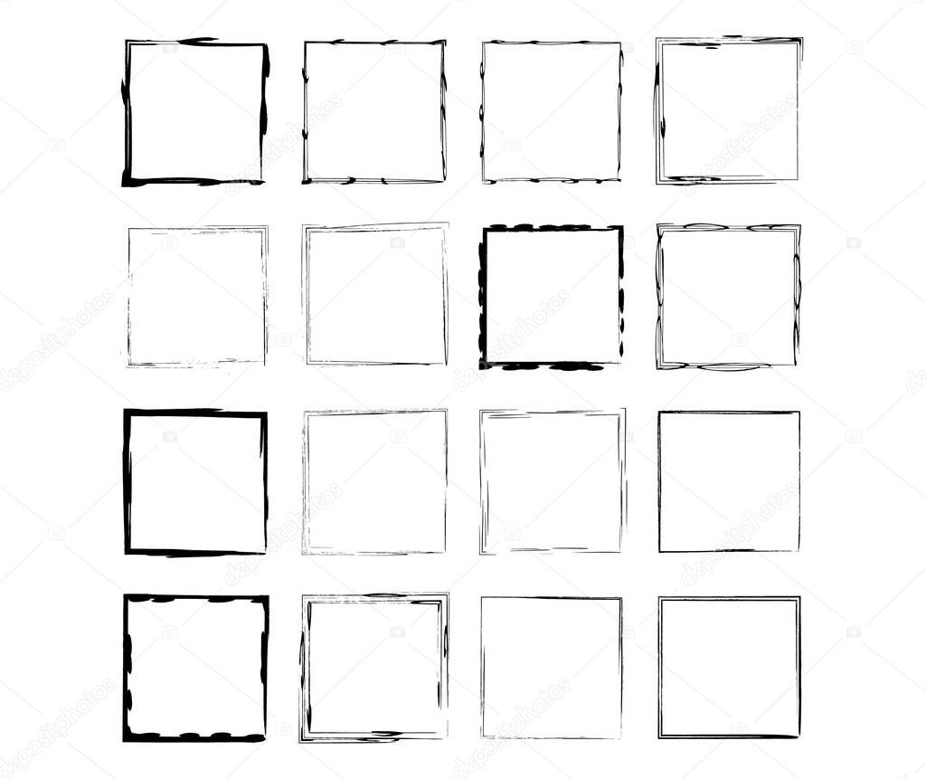Set of black square grunge frames. Geometric empty borders collection. Vector illustration.