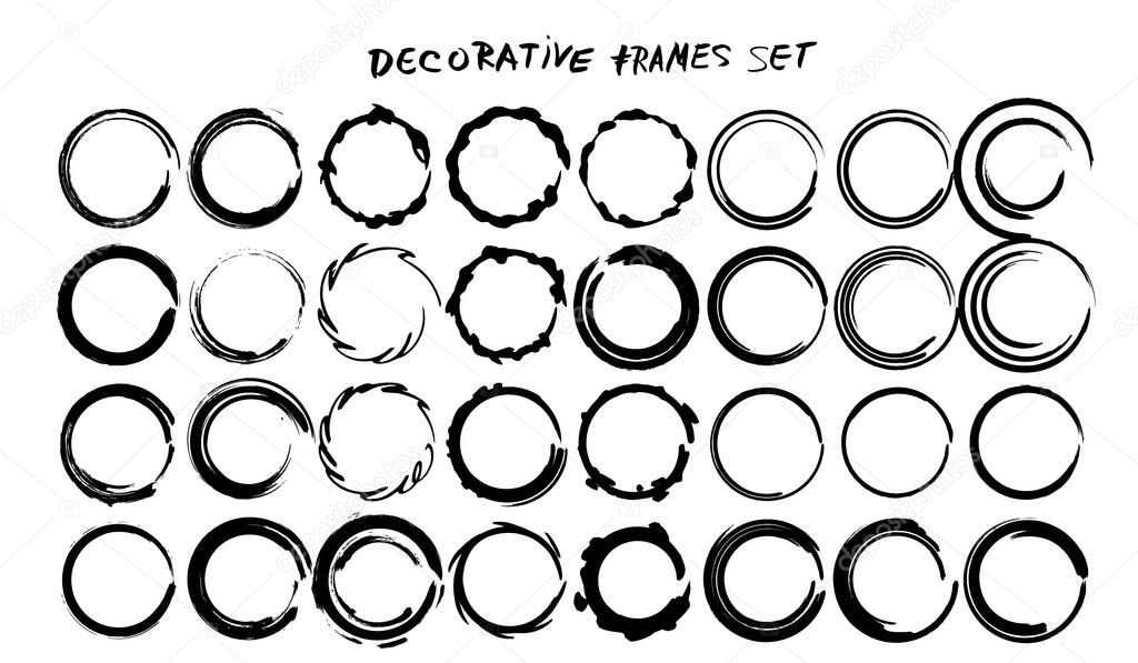 Set of grunge round frames. Collection of black borders. Bundle of elements for collage. Vector illustration.