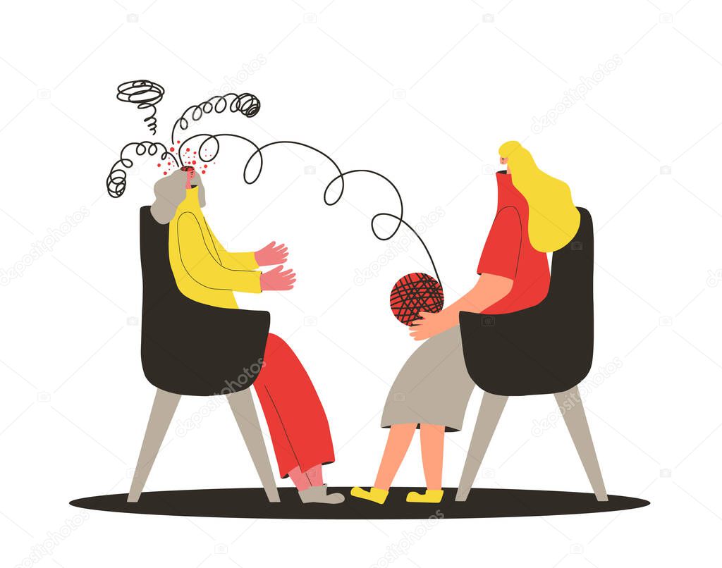 Psychologist having session with her patient. Female  character talking woman with some mental issues. Woman try to untangle ball of thread in her mind with therapist. Vector flat illustration.