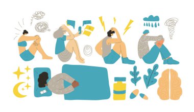 Uykusuzluk seti. Yerde baş ağrısıyla oturan insanlar ve beyaz arka planda izole bir şekilde yatakta yatan kadınlar. Uykusuzluk belirtileri gösteren karakterler. İnsanlar uyuyamıyor. Vektör illüstrasyonu.