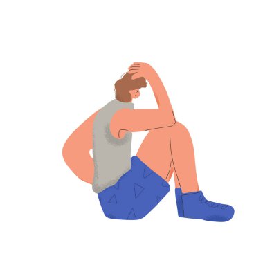 Kötü ruh hali. Psikolojik sorunlar. Yerde oturan ve başı ağrıyan gençler beyaz arka planda izole edilmiş. Özel ihtiyaçları olan erkek karakter. Evde hasta hisseden bir adam. Vektör illüstrasyonu.