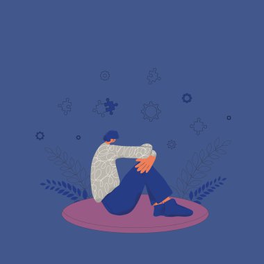 Yerde oturan otizmli Chracter. Zihinsel bozukluk. Otistik spektrum. Çocuk kötü bir ruh haliyle yerde oturuyor. Vektör düz resimleme.