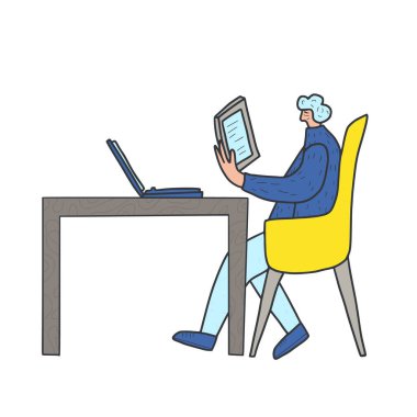 Masada oturup notlarını okuyan tatlı bir insan. Tabletini kullanan karakter. Bilgisayarla çalışan günlük kıyafetler giyen insanlar. Serbest yazar konsepti. Vektör illüstrasyonu. 