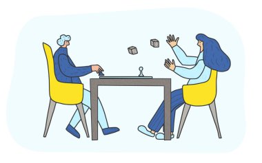 Masa oyunları konsepti. Sandalyede oturan ve masa oyunu oynayan gençler. Arkadaş birlikte vakit geçiriyor. Vektör düz resimleme.