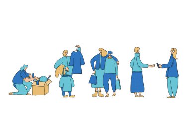 Bit pazarı karakterleri beyaz arka planda izole edildi. Kıyafet seçen iki arkadaş, kutudaki eşyalara bakan biri, yerel ürünler alan bir kız. İkinci el dükkanı. Vektör illüstrasyonu.