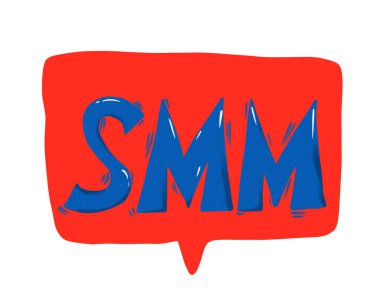 Beyaz arkaplanda SMM metni izole edildi. El çizimi sosyal medya pazarlama tabiri. Vektör biçimlendirilmiş tipografi.