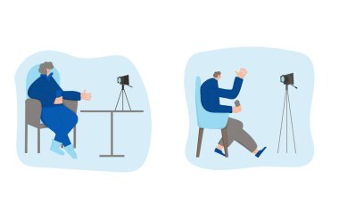 Blogcular oturup bir video içeriğini kaydediyor. Genç etkenler, takipçileriyle tripodda kameraya karşı konuşuyorlar. Vektör düz resimleme.