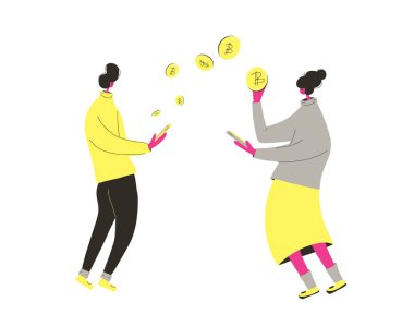 Kripto para değişimi. Modern emeklilik birikimi. Şifreli ödeme. Bitcoin kullanan küçük insanlar. Vektör düz resimleme.
