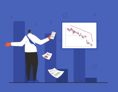 Ekonomik durgunluk hakkında küçük hissedarlar okuma raporları. Borsa çöküyor. Finansal analist ya da danışman görünümlü grafikler ve mumlar. Hisse senedi fiyatları düşüyor. Vektör düz renk illüstrasyonu.