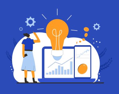 Finansal danışman. Küçük hissedar yatırım yapmak için dijital servis kullanıyor. Kadının bir yatırım fikri var. Büyük bozuk paraları olan kadın analist, bilgisayar ve telefon ekranlarında grafikler. Vektör illüstrasyonu.