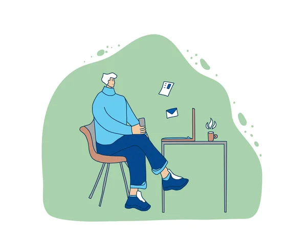 Osoba Středního Věku Sedící Laptopu Pracující Samec Volné Noze Dělá — Stockový vektor