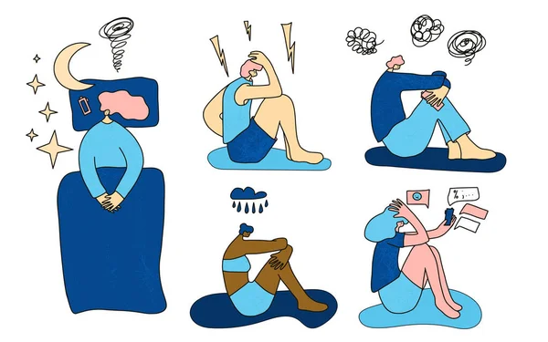 Schlaflosigkeit Junge Menschen Die Mit Kopfschmerzen Auf Dem Boden Sitzen — Stockvektor