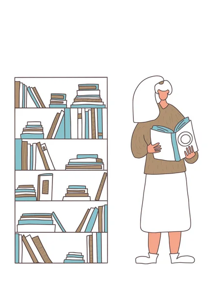 Boekhandel Bibliotheek Concept Jonge Vrouw Met Lang Haar Leest Een — Stockvector