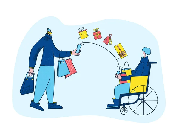 Give Gifts Male Character Shopping Bags Person Wheelchair Exchanging Digital — Stockvector