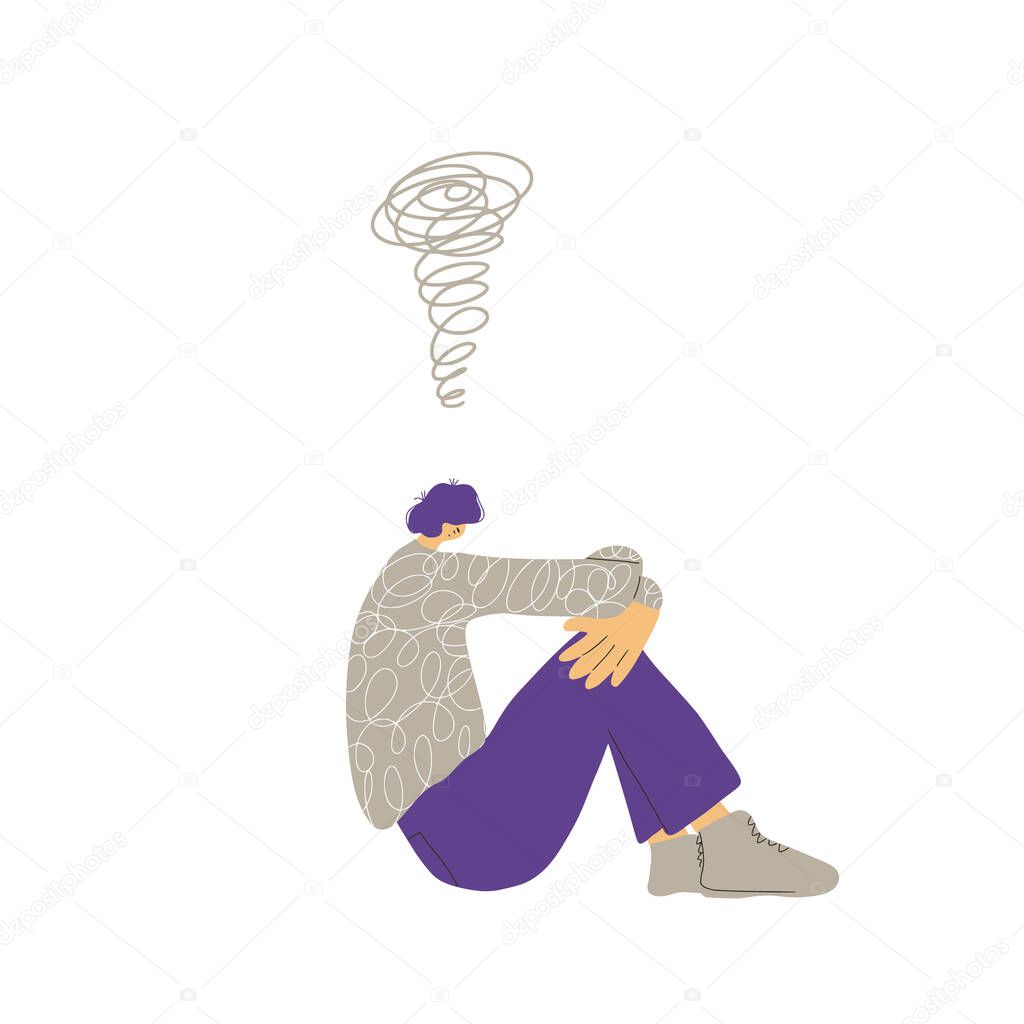 Mental disorder. Psychiatric isuess or psychological problems. Male character with bad mood. Vector flat cartoon illustration.