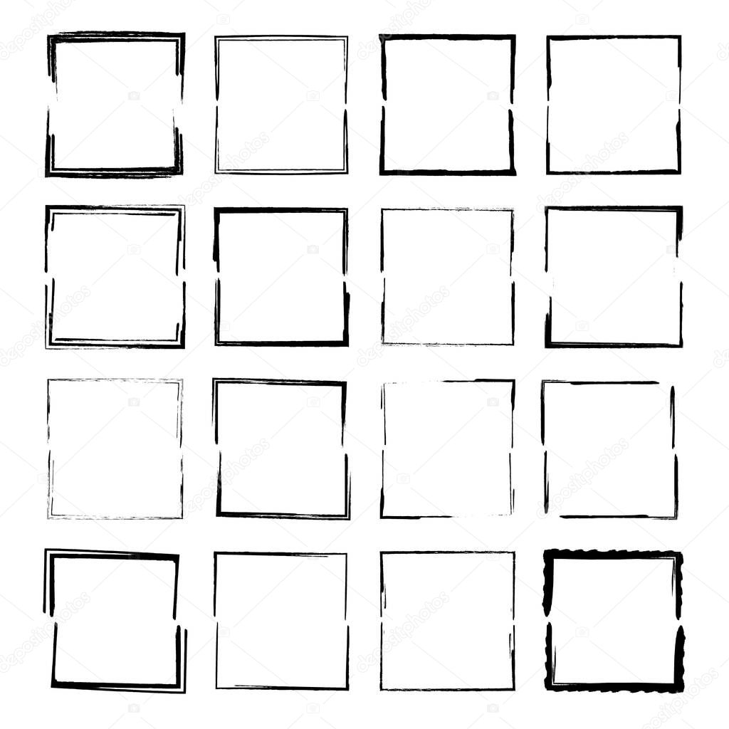 Set of black square grunge frames. Geometric empty borders collection. Vector illustration.