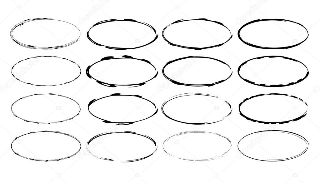 Set of black oval grunge frames. Geometric elipse empty borders collection. Vector illustration.